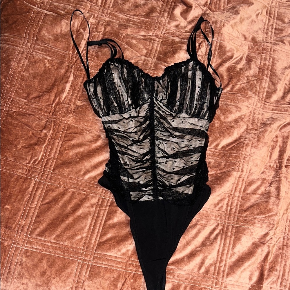 Lulus bustier black mesh polka dot bodysuit
